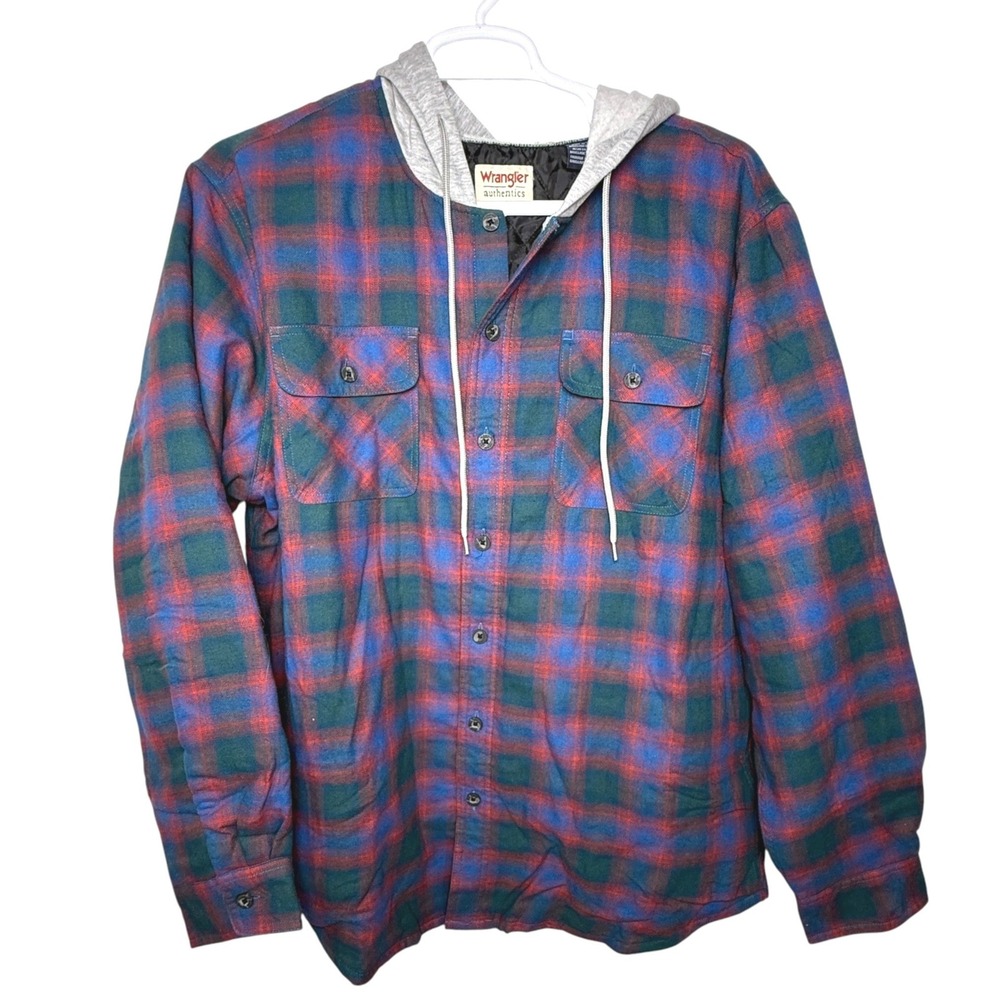 Wrangler Authentics Mens XL Quilted Lined Flannel Hooded Shirt Jacket Plaid NWT - Picture 2 of 16